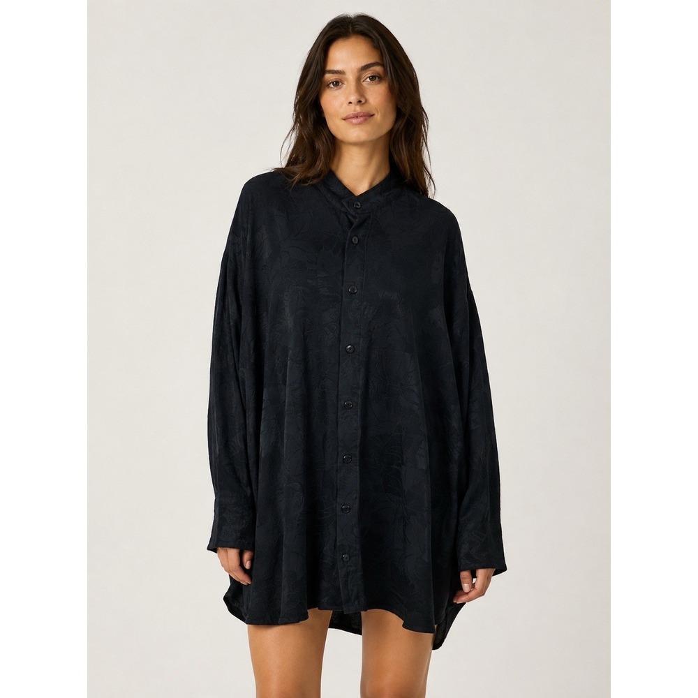 WIS Silk Top One Size Black Long Sleeve Oversized Lagenlook Artsy Boho